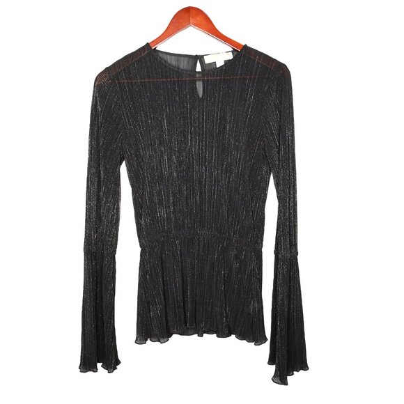 Michael Kors Black Sheer Bell Sleeve Blouse Pleated Top Metallic Thread Elastic - Picture 5 of 13